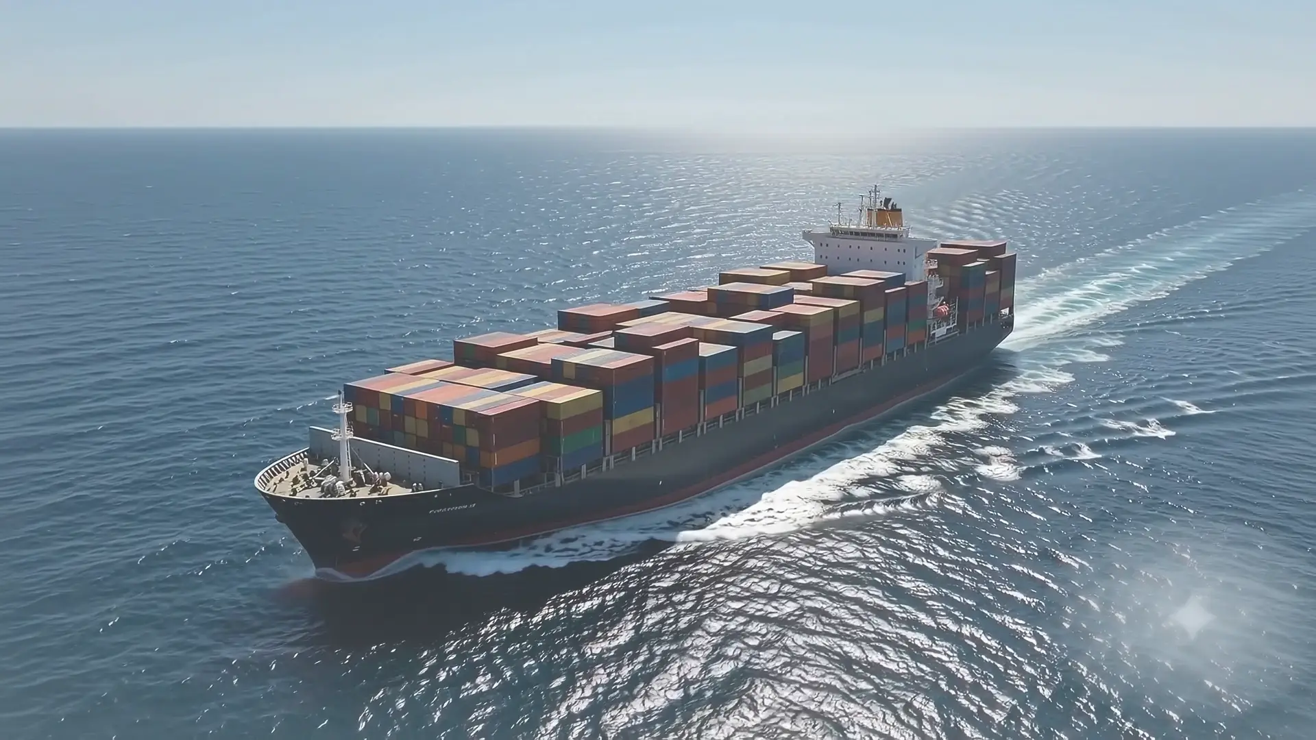 The container ship continuing across open ocean as the camera draws back.