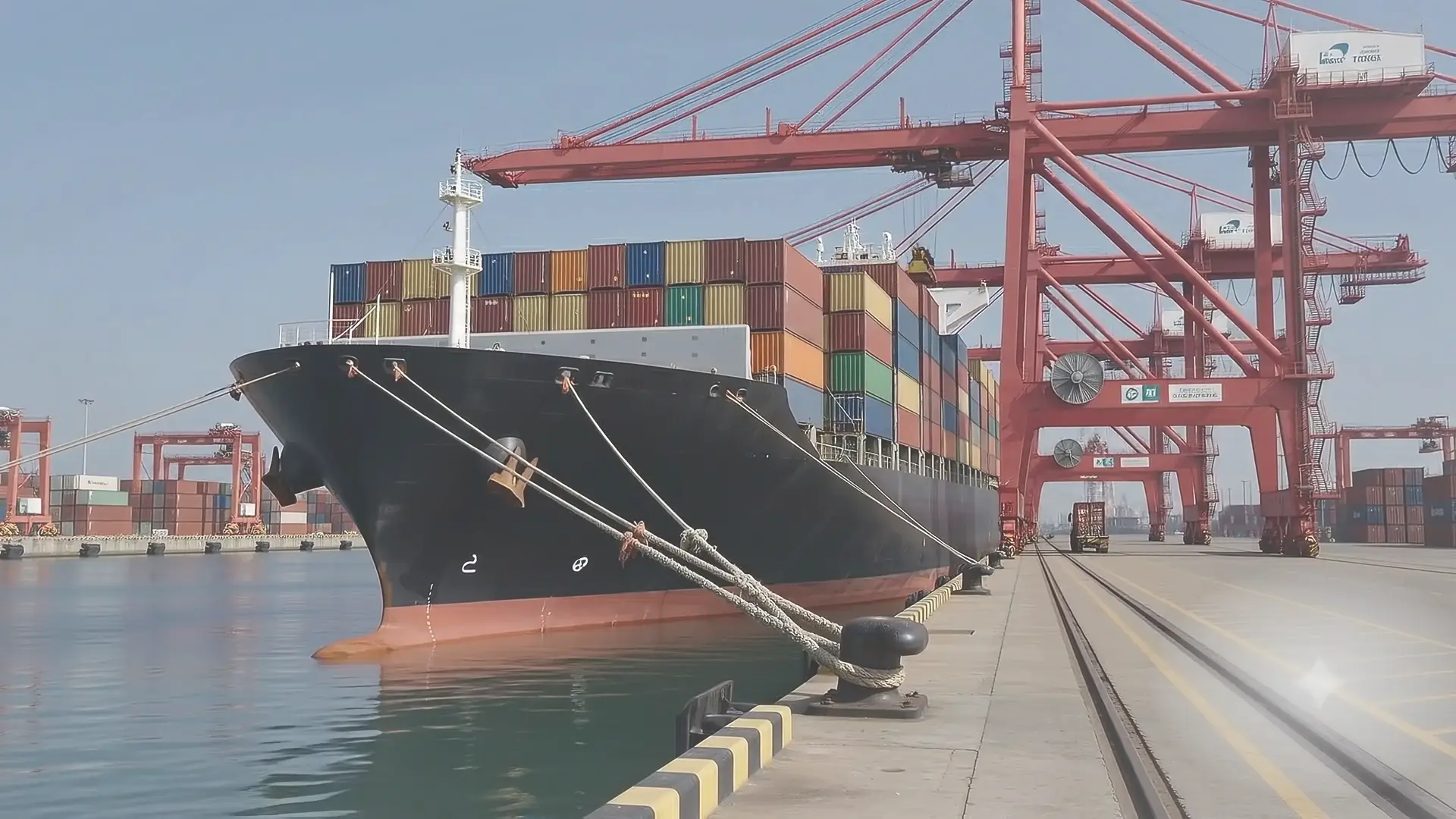The moored container ship from the quayside, cranes working over the deck.